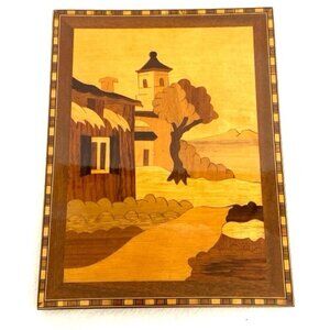 Vtg Marquetry Inlaid Wood Plaque Church Coastal Tree Hanging Wall Art